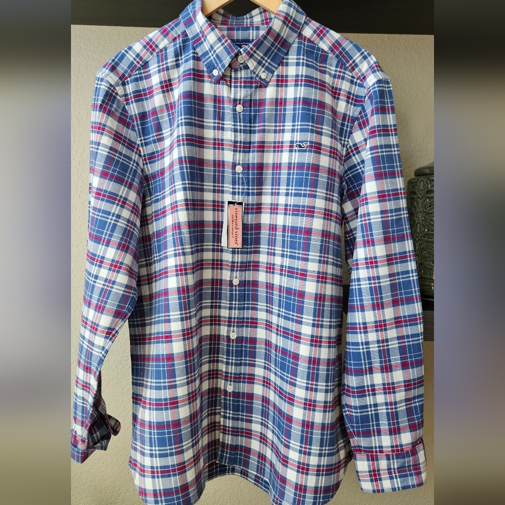 Vineyard Vines Classic Fit Whale Shirt Blue and Maroon Plaid Shirt Lg